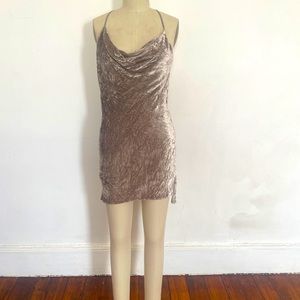Michelle Mason silver crushed velvet skip mini dress with open back, cowl neck